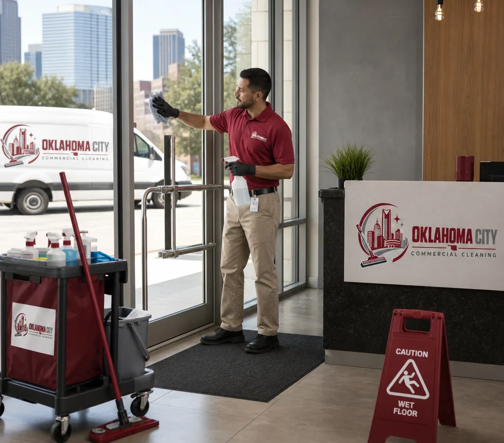 Janitorial technician cleaning a commercial office entry and lobby in Oklahoma City with a service cart and wet floor signage