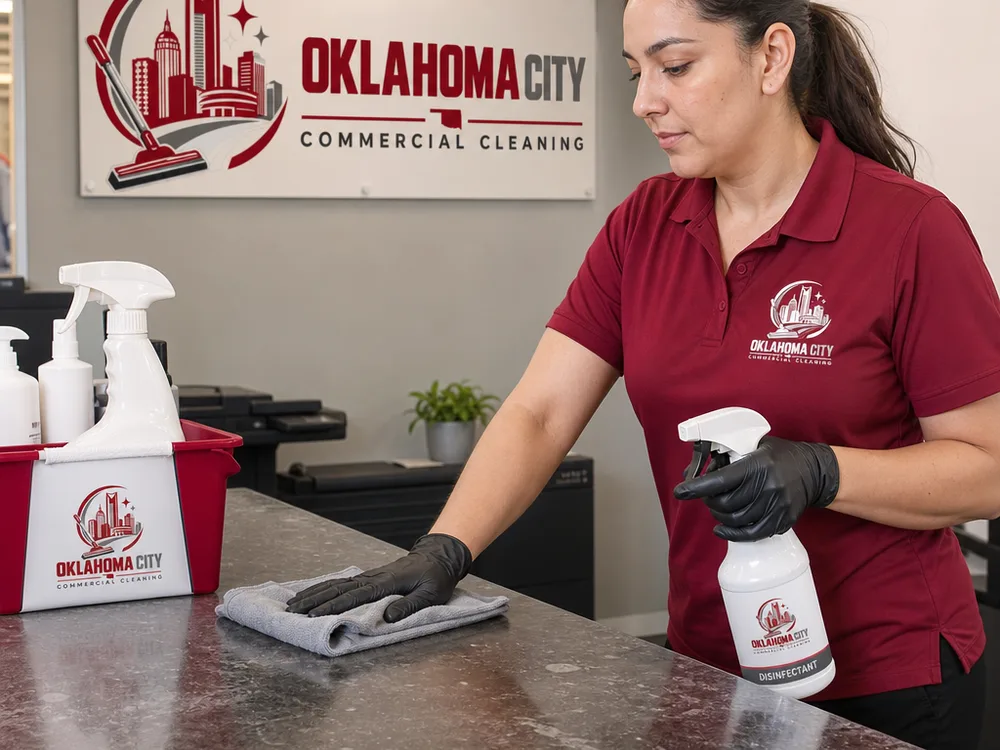 Janitorial worker disinfecting a door handle and reception counter with labeled supplies and microfiber cloths