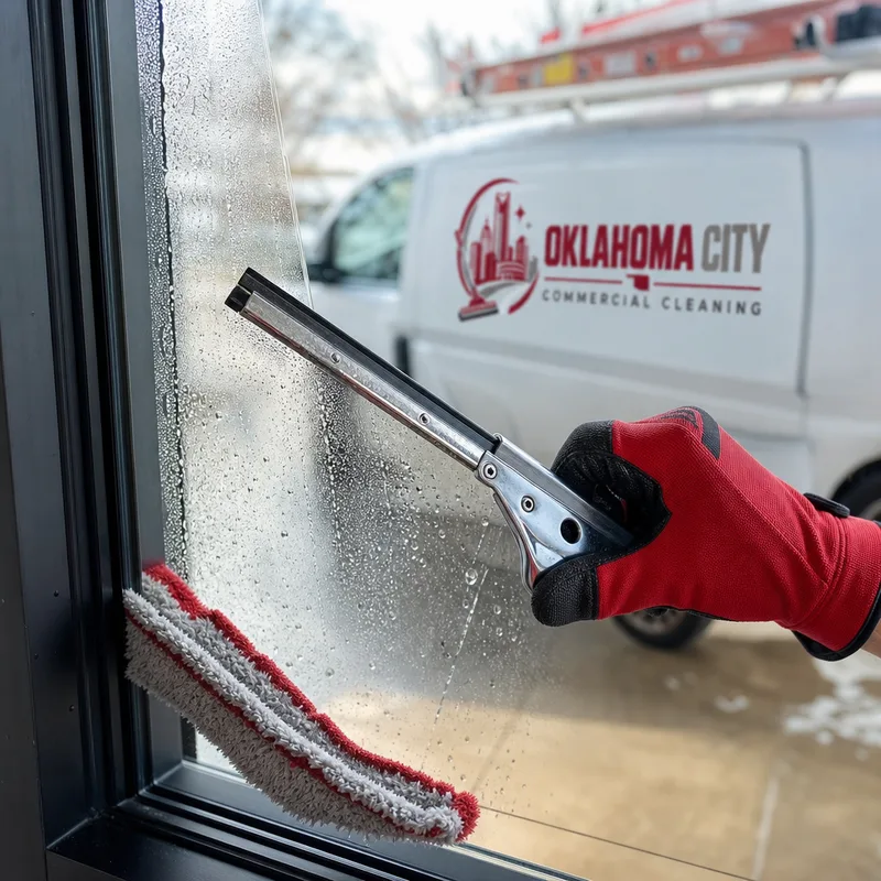 Squeegee pulling water cleanly across commercial glass while a microfiber cloth details the frame corner