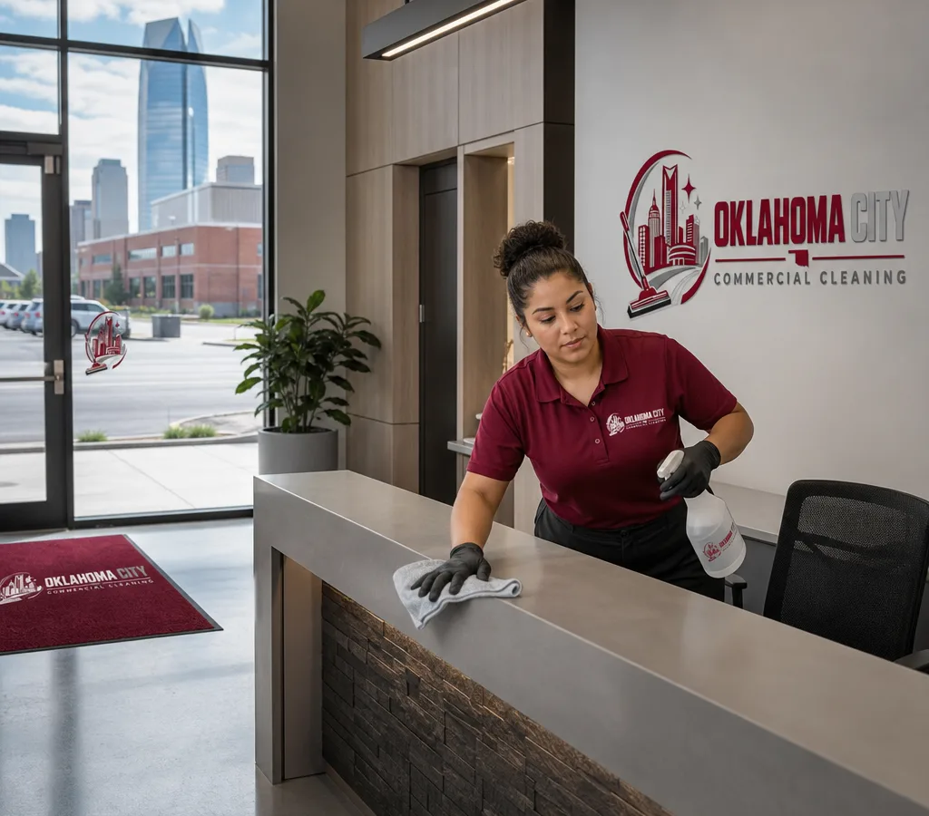 Commercial cleaner wiping and disinfecting a reception counter in a modern Oklahoma City office with visible entryway, glass, and hard floors
