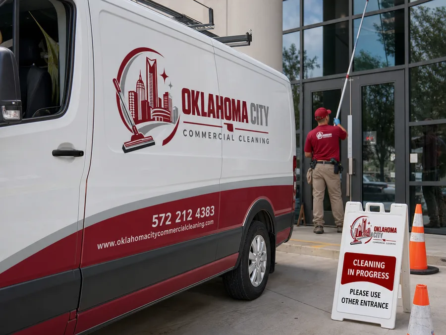 Commercial cleaning cart staged in a hallway outside restrooms with labeled bottles, microfiber system, and caution signage