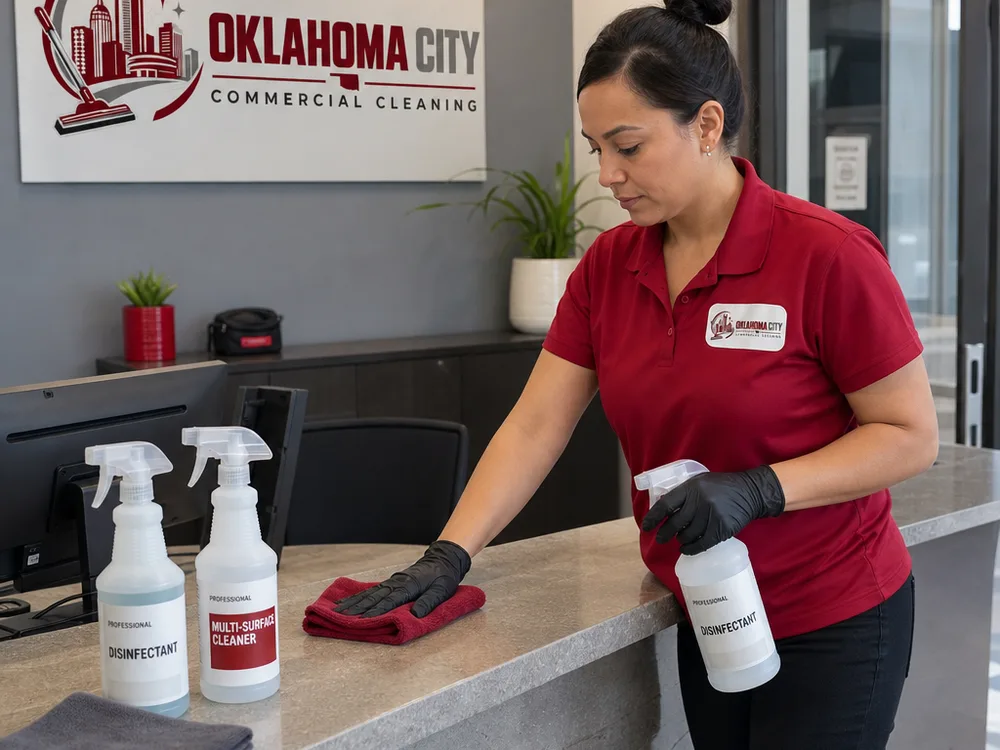 Cleaner disinfecting door handles and a reception counter in a commercial suite